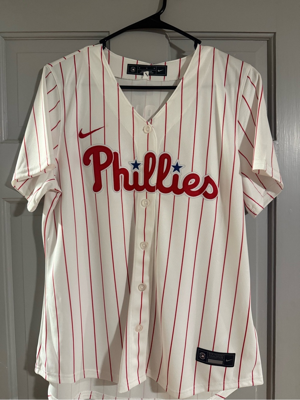 Nike Phillies Cream and Red Pinstripe Baseball Jersey